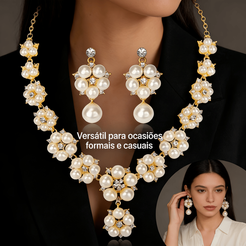 Conjunto de Colar e Brincos Pérola Falsa  Zirconia  Estilo Vintage FolhaFlor, Ideal para Noivas, FestaseDia a Dia
