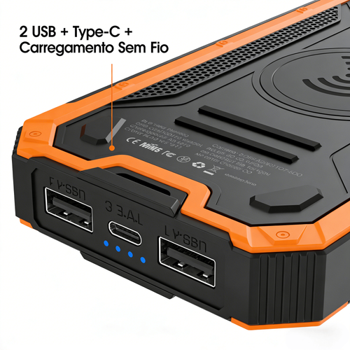 Power Bank Solar 20000mAh Carregamento Sem Fio Resistente à Água e Choques Carregamento Rápido para Exterior