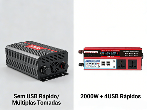 Inversor de Energia 2000W para Veículo Fonte Fotovoltaica com Múltiplas Tomadas e 4 Portas USB de Carga Rápida