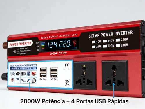 Inversor de Energia 2000W para Veículo Fonte Fotovoltaica com Múltiplas Tomadas e 4 Portas USB de Carga Rápida