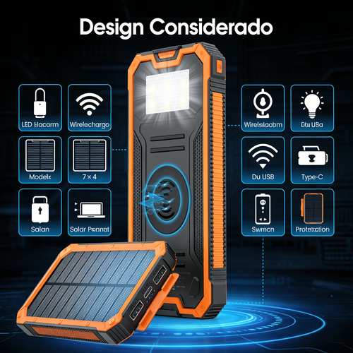 Power Bank Solar 20000mAh Carregamento Sem Fio Resistente à Água e Choques Carregamento Rápido para Exterior