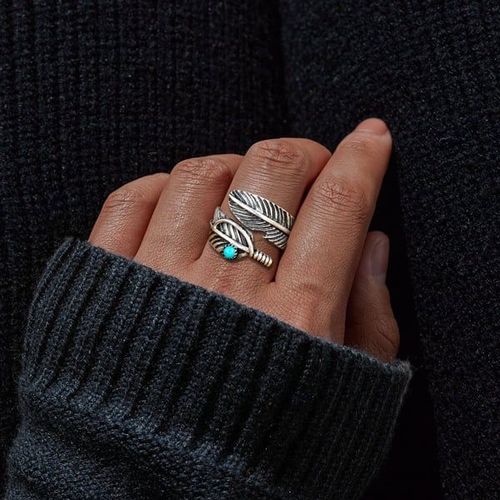 🔥Sterling Silver Feather Turquoise Adjustable Ring