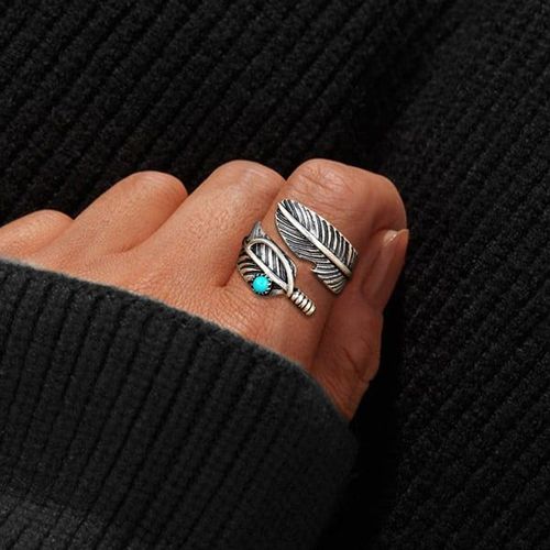 🔥Sterling Silver Feather Turquoise Adjustable Ring