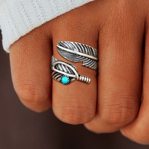 🔥Sterling Silver Feather Turquoise Adjustable Ring