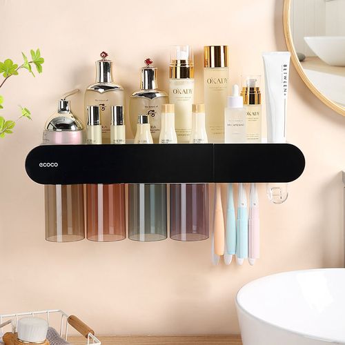 Wall-mounted toothbrush holder with a cup holder for mouthwash and toothbrushes