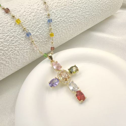Multicolor Rosary Cross Necklace