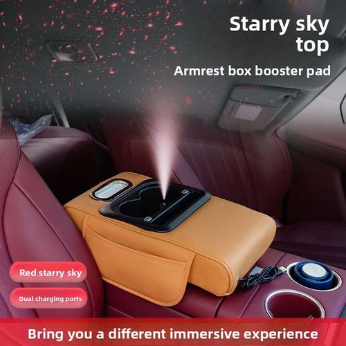 Car Armrest Storage Box with Star Sky Ambient Light & Heightening Cushion
