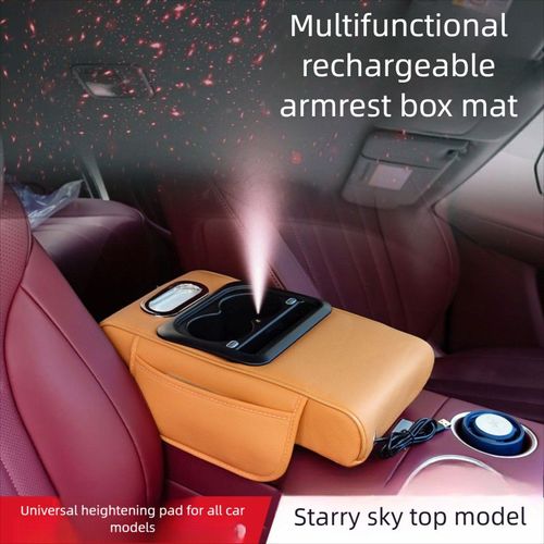 Car Armrest Storage Box with Star Sky Ambient Light & Heightening Cushion
