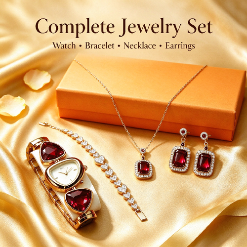 Luxury Ruby Gem Watch & Jewellery 5Pcs Set for Ladies, Premium Gift Box Packed🎁