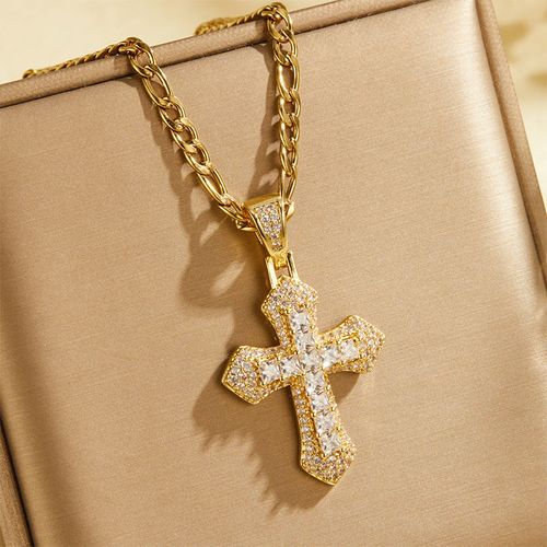 Double Layer Baguette Rhinestone Cross Brass with Figaro Chain