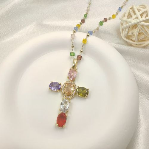 Multicolor Rosary Cross Necklace