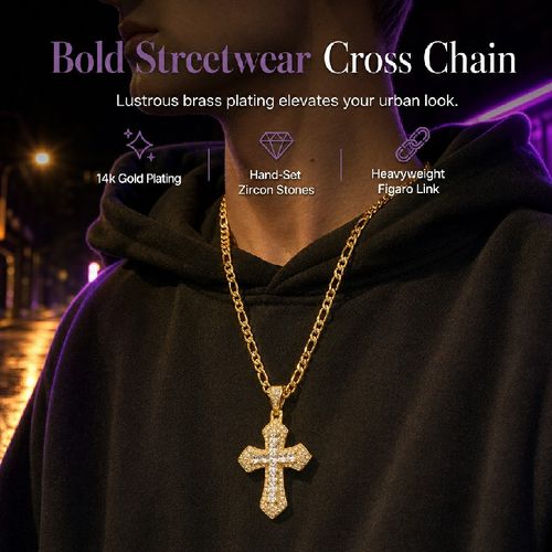 Double Layer Baguette Rhinestone Cross Brass with Figaro Chain