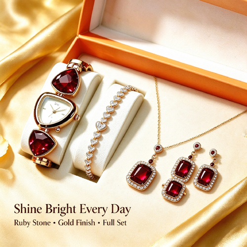 Luxury Ruby Gem Watch & Jewellery 5Pcs Set for Ladies, Premium Gift Box Packed🎁