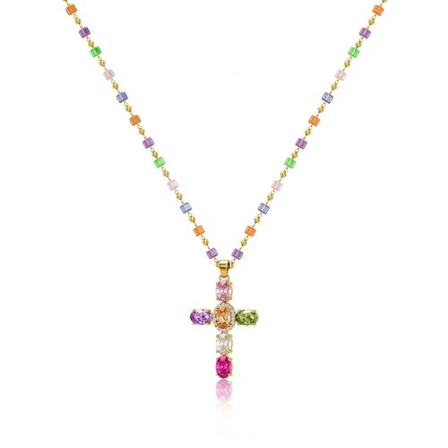 Multicolor Rosary Cross Necklace