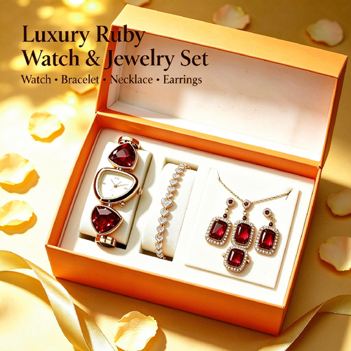 Luxury Ruby Gem Watch & Jewellery 5Pcs Set for Ladies, Premium Gift Box Packed🎁