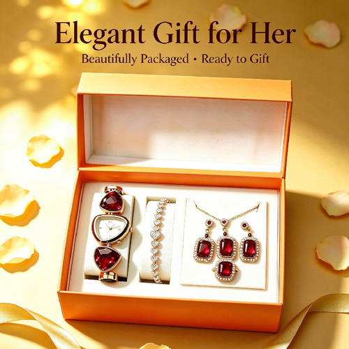 Luxury Ruby Gem Watch & Jewellery 5Pcs Set for Ladies, Premium Gift Box Packed🎁
