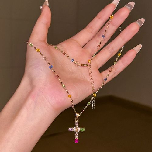 Multicolor Rosary Cross Necklace