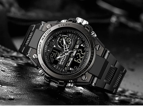 Men's Analog‑Digital Dual Display Military Sports Watch, Multi‑Function LED Backlight Shock‑Resistant Water‑Resistant Resin Strap Large Face Wristwatch