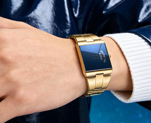 Luxury Gold Rectangular Watch with Blue Wandering Hours