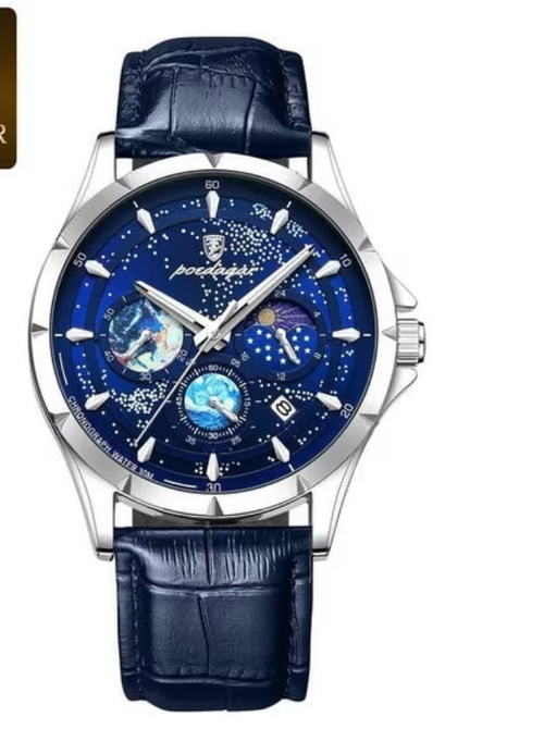 Brand Luxury Blue Starry Sky Quartz Watch for Men, Leather Band Waterproof Luminous Chronograph with Date