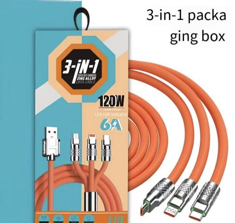 3-in-1 120W Super Fast Charging Cable with LED Indicator – Universal for iPhone, Android & Huawei