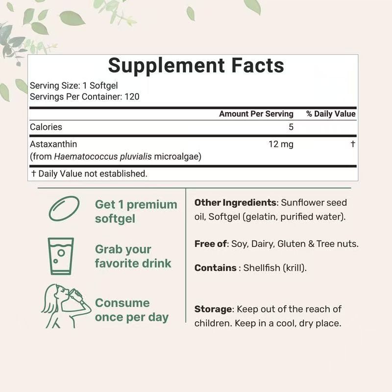 Astaxanthin 12 mg Softgels | Natural Antioxidant from Microalgae, 120 Count (4‑Month Supply)
