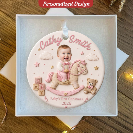 Personaliseret Baby's første julefoto Ornament, Søde Baby på Rocking Heste