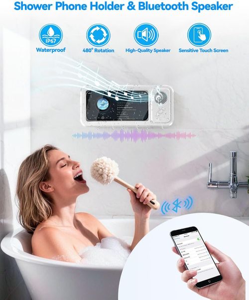 RTENBUAN Shower Phone Holder with Bluetooth Speaker | Waterproof Bathroom Phone Mount