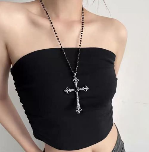 Colar longo com contas SongYi Dark Cross, nova corrente punk doce e descolada