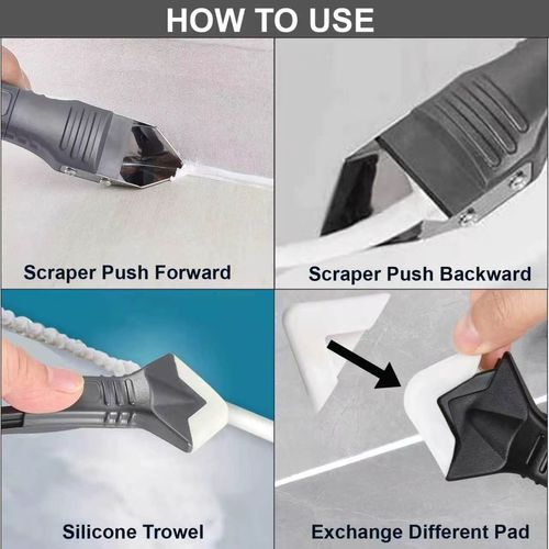 3-in-1 silicone curing grout tool with stainless steel head, sealant cleaner, grouting tool, scraper, and glue scraper.