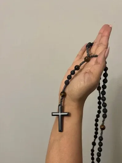 Rosary Style Black Volcanic Stone Yellow Tiger Eye Gallstone Cross Pendant
