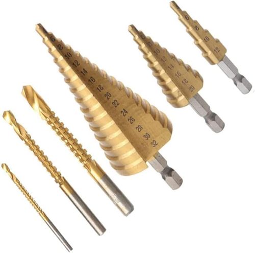 6PCS High Speed Reaming Pagoda Sawtooth Set, Titanium Plating Drill Bit Set, Titanium Step Drill Bit Set, Multifunctional Drill Set