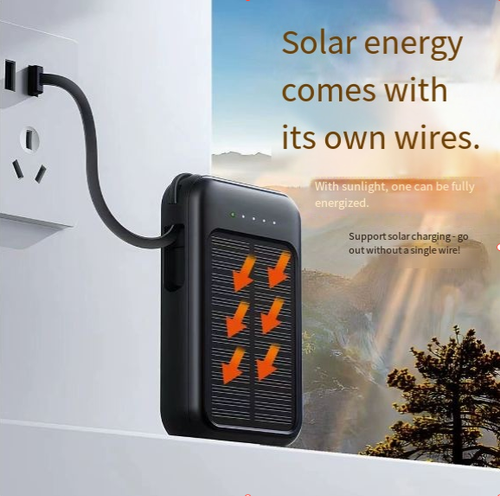 Compact and portable 20,000mAh solar power bank with built-in cables.