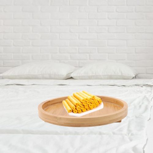 Wood Round Sofa Tray  Clip on Side Table with Foldable Leg for Coffee, Tea, Snacks, Remote Controls, Living Room, Apartment, Dorm