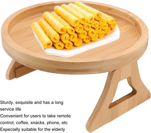Wood Round Sofa Tray  Clip on Side Table with Foldable Leg for Coffee, Tea, Snacks, Remote Controls, Living Room, Apartment, Dorm