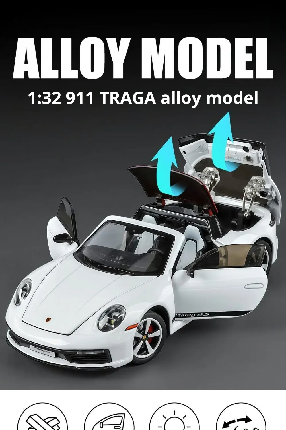 Porsche 911 Targa Diecast Model Car 1:32 Scale, Sports Car Collectible with Lights and Opening Doors, Gift for Car Lovers
