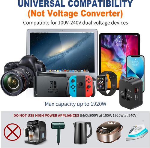 Travel Adapter USB C, Universal All in One Worldwide Travel Adapter Fast Charge GaN PD3.0 Type C USB-A Quick Charging Ports Power Converters Wall Charger AC Power Plug Adapter for USA EU UK AUS Black