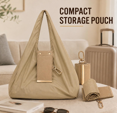 Reusable Foldable Tote Handbag for Women with Zipper Pouch and Metal Clips, Compact Shopping Bag for Travel, Office & Everyday Carry