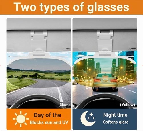 2 in 1 Car Sun Visor Day and Night Sun Visor Extension with Adjustment Button, Anti-Glare UV Protection, Clip-On for Cars, Trucks, SUVs, Yellow and Black