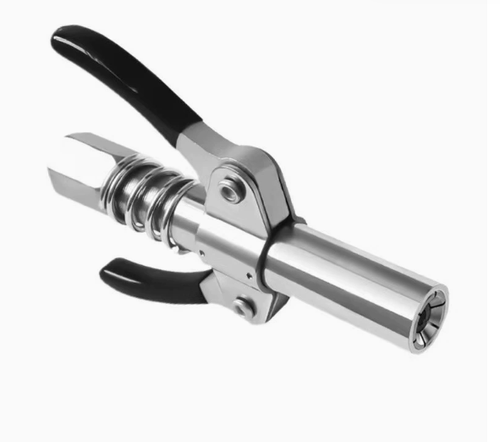 Lock-Jaw Grease Gun Coupler — Compatible with Manual and Electric Grease Guns Grease Gun Coupler (Lock-Jaw Type) with Flat Nozzle — Grease Machine Accessory Pneumatic Grease Machine Nozzle & Quick-Connect Coupler — Lock-Jaw Grease Fitting for Manual and Electric Grease Guns