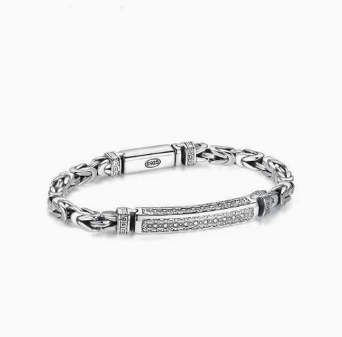 Men's Trendy Silver-Plated Bracelet – Vintage-Style Woven Chain with Dragon-Bone and Peace Patterns