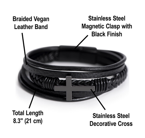 Multilayer Mens Bracelet , Genuine Leather with Cross, Christian Bracelet