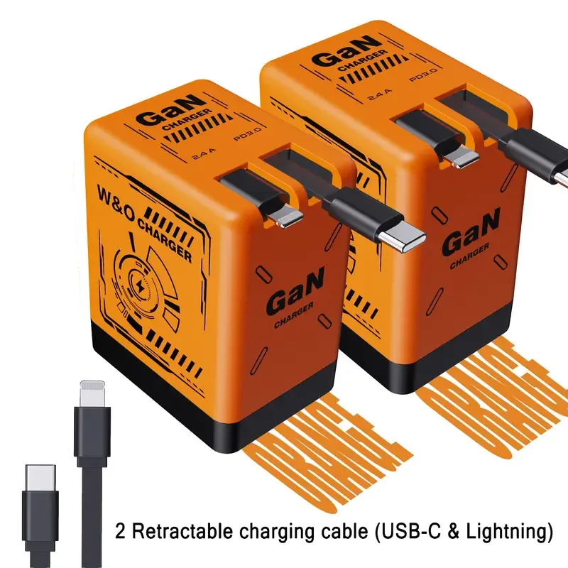 All-in-One Travel Charger - 120W Retractable GAN Charger with Built-in Type-C Cable & USB Ports, Foldable Wall Plug for Laptop, Phone Fast Charging