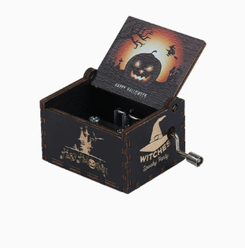 Halloween Exclusive! Classic Carved DIY Wooden Music Box — Hand-Cranked Craft Gift