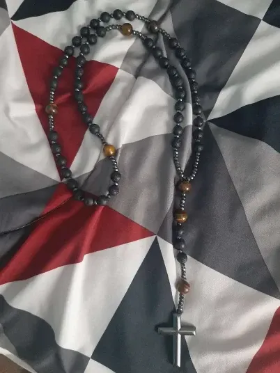 Rosary Style Black Volcanic Stone Yellow Tiger Eye Gallstone Cross Pendant