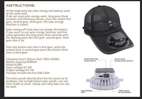 Adults Mesh Baseball Cap Fishing Beach Hats with Solar Fan, Summer UV Protection Sun Hat, Solar Powered USB Charging Sunhat