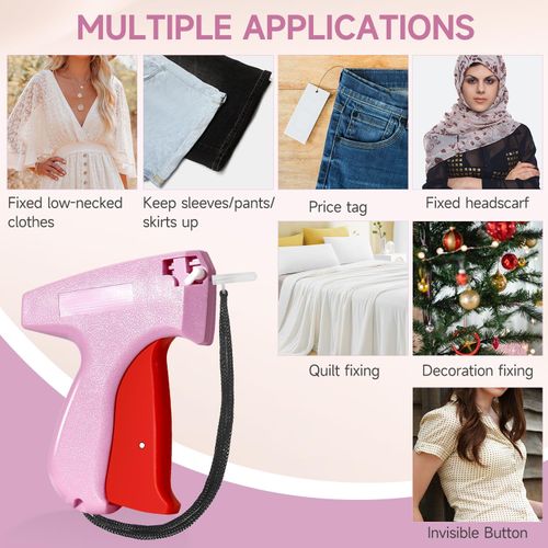 Stitch Gun for Clothes, Tagging Gun for Clothing, Handheld Quick Sticky Sewing Micro Tag Gun Fixer Hemming Pants Tool Instantly, Includes 6 Needles and 500 Fasteners (Pink)