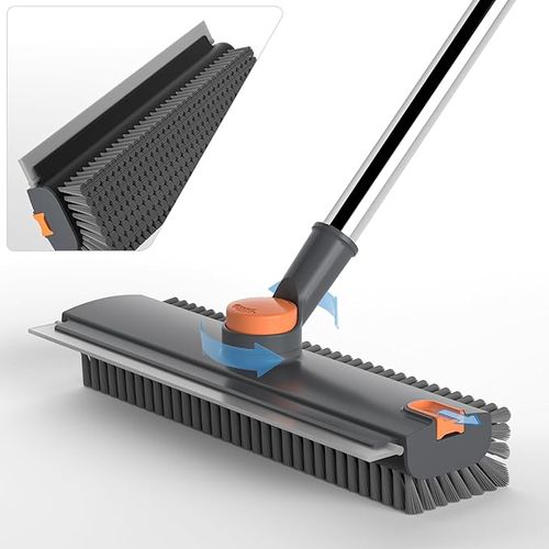 Floor Scrub Brush with Long Handle, 3 in 1 Scrape and Heavy-Duty Stiff Bristle Floor Scrubber Brush Broom with Squeegee and Tweezer for Cleaning Grey