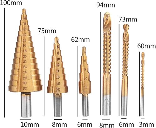 6PCS High Speed Reaming Pagoda Sawtooth Set, Titanium Plating Drill Bit Set, Titanium Step Drill Bit Set, Multifunctional Drill Set