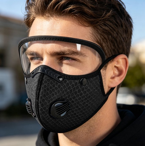 Reusable Carbon Filter Dust Mask, Anti-Sun, 5-Layer Filter Face Protection Mask with Adjustable Goggles, Windproof Face Covering Mask for Motorcycle Riding, Cycling, Travel, Black